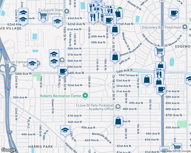 map of restaurants, bars, coffee shops, grocery stores, and more near 1121 53rd Avenue North in St. Petersburg