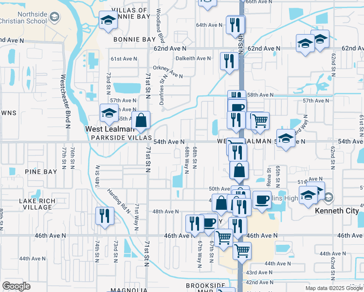 map of restaurants, bars, coffee shops, grocery stores, and more near 6978 54th Avenue North in St. Petersburg