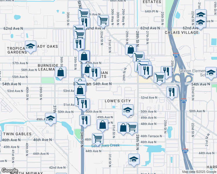 map of restaurants, bars, coffee shops, grocery stores, and more near 5330 31st Street North in St. Petersburg