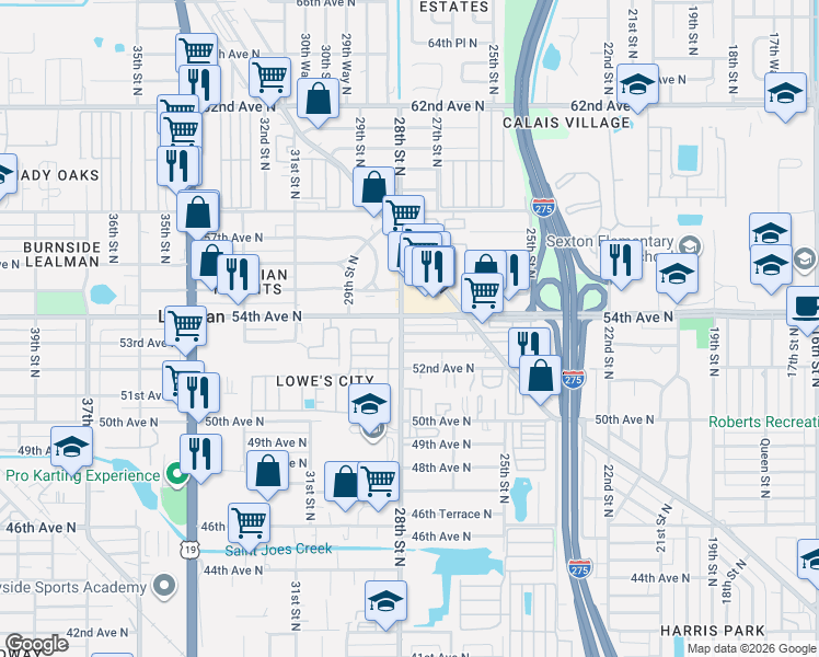 map of restaurants, bars, coffee shops, grocery stores, and more near 2753 53rd Avenue North in St. Petersburg