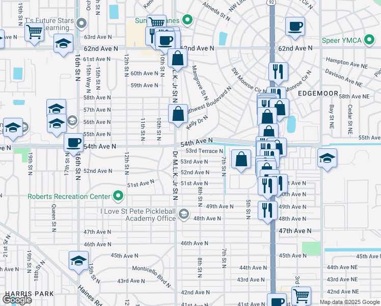 map of restaurants, bars, coffee shops, grocery stores, and more near 834 53rd Terrace North in St. Petersburg
