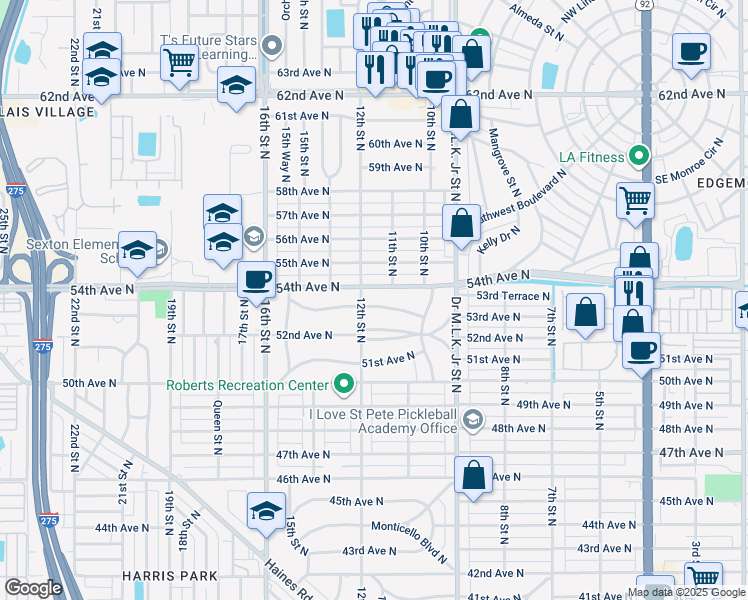 map of restaurants, bars, coffee shops, grocery stores, and more near 1121 53rd Avenue North in St. Petersburg