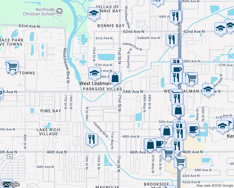 map of restaurants, bars, coffee shops, grocery stores, and more near 5351 71st Way North in St. Petersburg