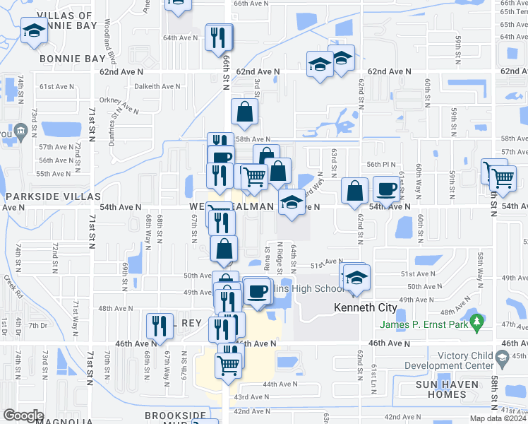 map of restaurants, bars, coffee shops, grocery stores, and more near 6484 54th Avenue North in St. Petersburg