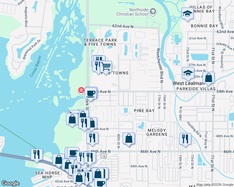 map of restaurants, bars, coffee shops, grocery stores, and more near 5357 80th Street North in St. Petersburg