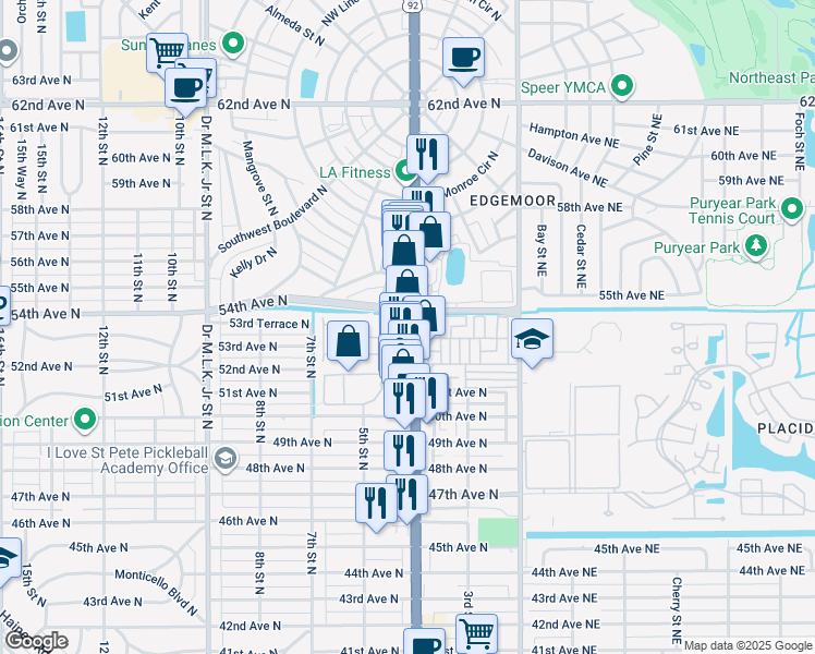 map of restaurants, bars, coffee shops, grocery stores, and more near 5300 53rd Avenue North in St. Petersburg
