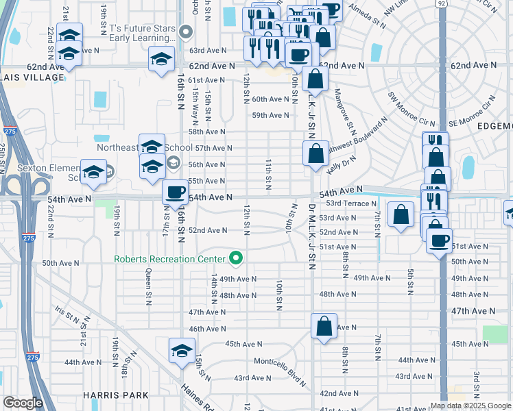 map of restaurants, bars, coffee shops, grocery stores, and more near 1121 53rd Avenue North in St. Petersburg