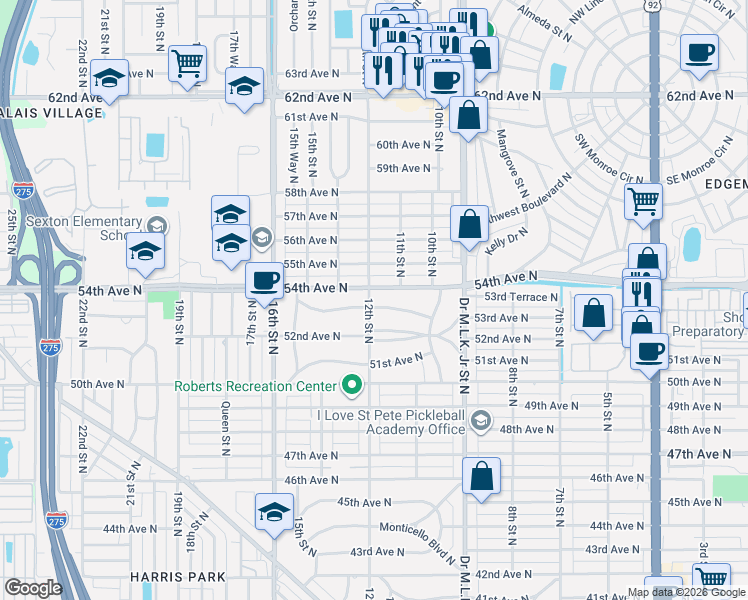 map of restaurants, bars, coffee shops, grocery stores, and more near 1121 53rd Avenue North in St. Petersburg