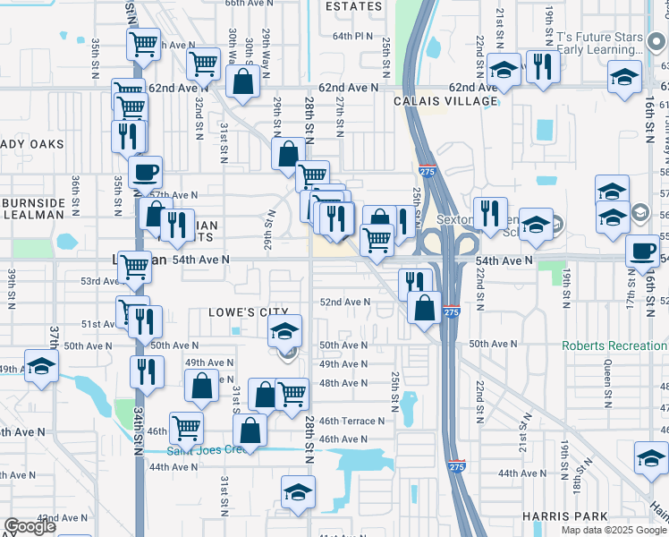 map of restaurants, bars, coffee shops, grocery stores, and more near 2627 53rd Avenue North in St. Petersburg