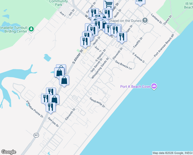 map of restaurants, bars, coffee shops, grocery stores, and more near 1337 Whispering Sands Street in Port Aransas