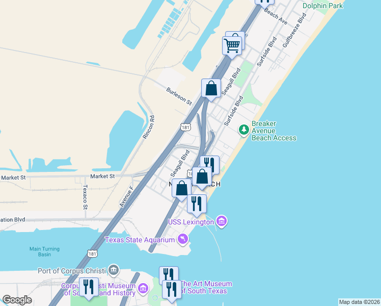map of restaurants, bars, coffee shops, grocery stores, and more near 3209 Seagull Boulevard in Corpus Christi