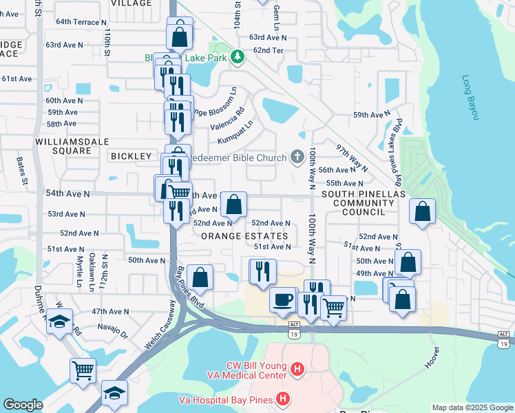 map of restaurants, bars, coffee shops, grocery stores, and more near 10307 53rd Avenue North in St. Petersburg