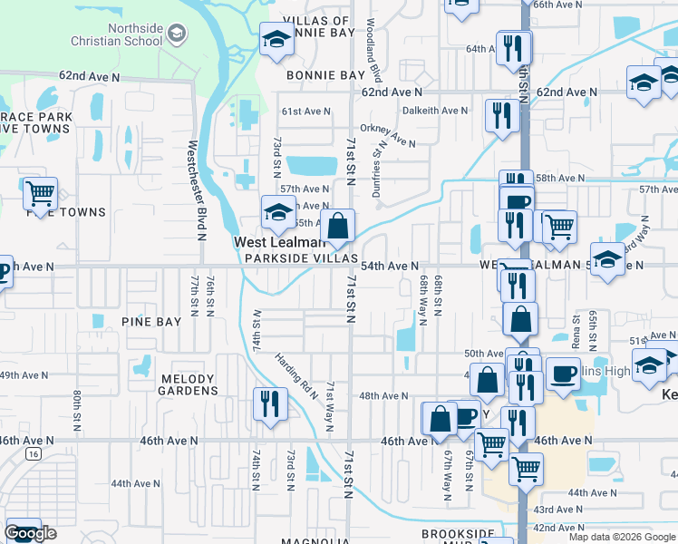 map of restaurants, bars, coffee shops, grocery stores, and more near 5370 71st Street North in St. Petersburg