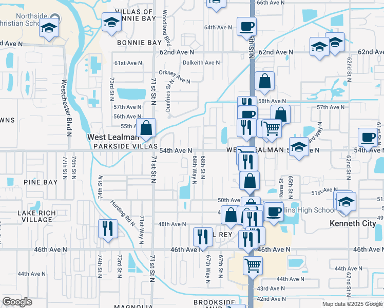 map of restaurants, bars, coffee shops, grocery stores, and more near 6978 54th Avenue North in St. Petersburg