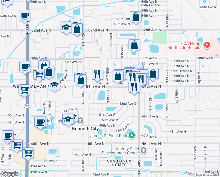 map of restaurants, bars, coffee shops, grocery stores, and more near 5990 54th Avenue North in Kenneth City