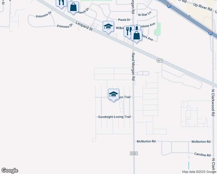 map of restaurants, bars, coffee shops, grocery stores, and more near 2034 Escalante Trail in Corpus Christi