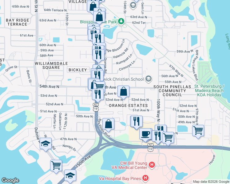 map of restaurants, bars, coffee shops, grocery stores, and more near 10536 53rd Avenue North in St. Petersburg