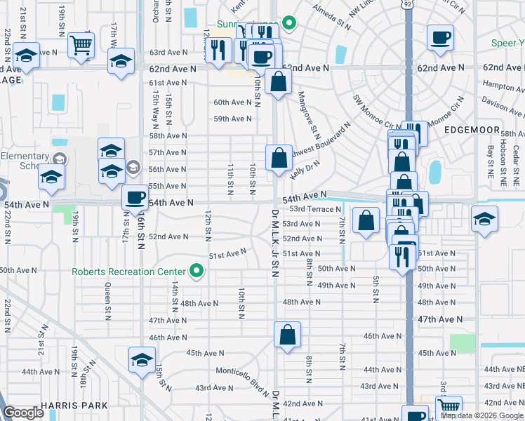 map of restaurants, bars, coffee shops, grocery stores, and more near 5347 10th Street North in St. Petersburg