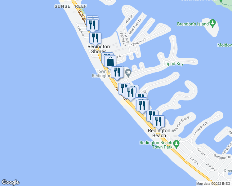 map of restaurants, bars, coffee shops, grocery stores, and more near 17248 Gulf Boulevard in North Redington Beach