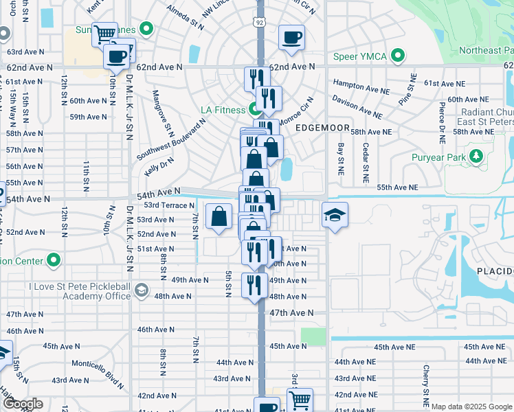 map of restaurants, bars, coffee shops, grocery stores, and more near 5300 53rd Avenue North in St. Petersburg