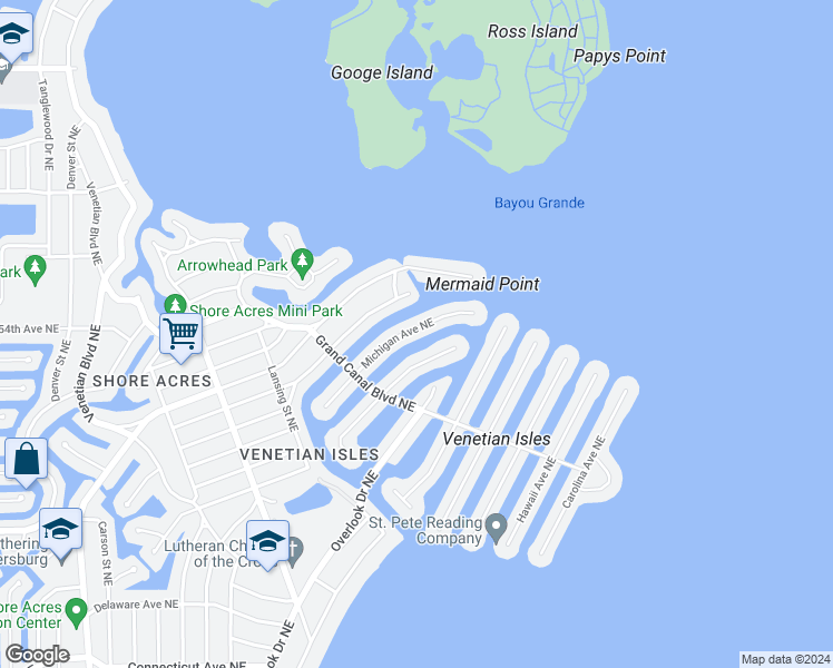 map of restaurants, bars, coffee shops, grocery stores, and more near 2044 Michigan Avenue Northeast in St. Petersburg