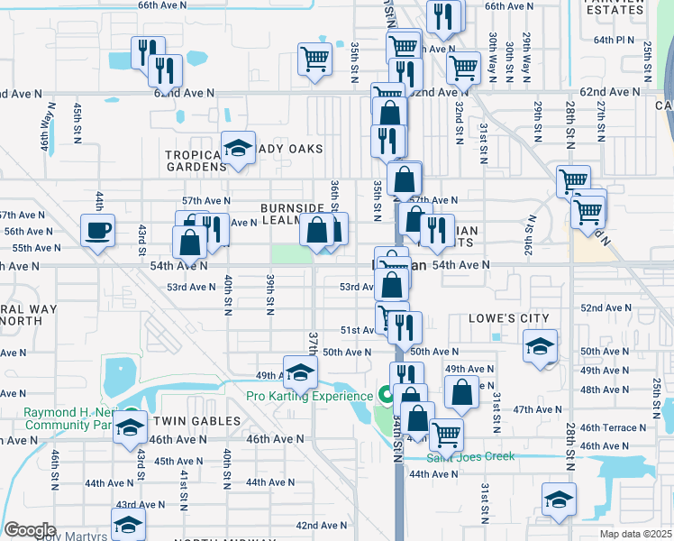 map of restaurants, bars, coffee shops, grocery stores, and more near 3628 54th Avenue North in Saint Petersburg