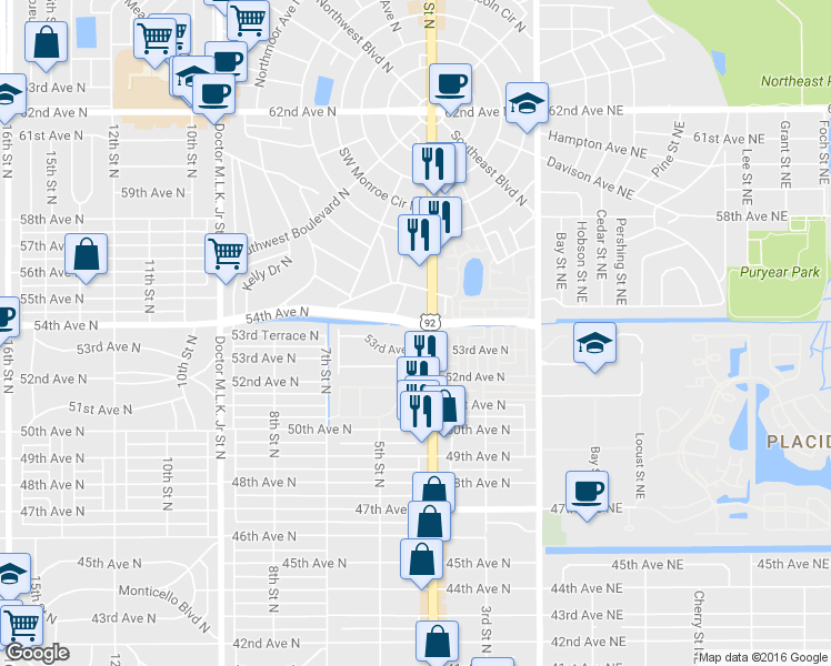 map of restaurants, bars, coffee shops, grocery stores, and more near 407 53rd Avenue North in St. Petersburg