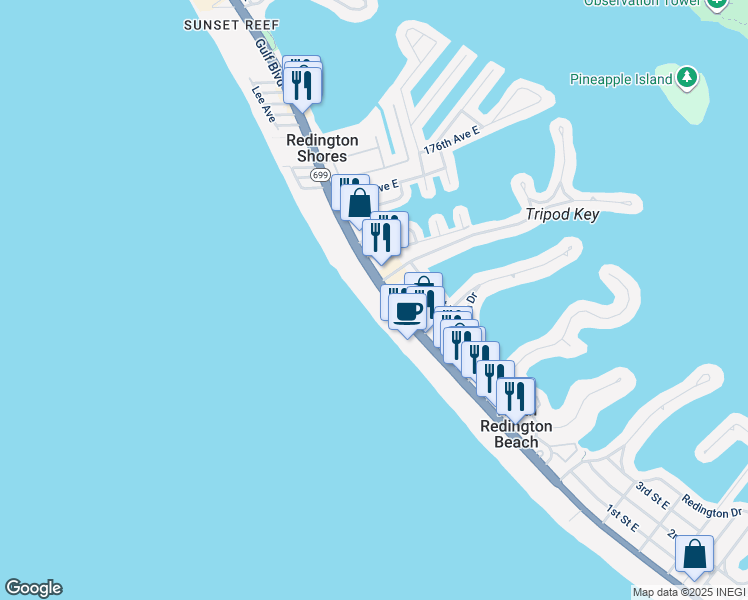 map of restaurants, bars, coffee shops, grocery stores, and more near 17250 Gulf Boulevard in North Redington Beach