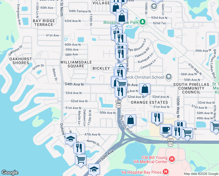 map of restaurants, bars, coffee shops, grocery stores, and more near 7 Ben Hur Court in St. Petersburg