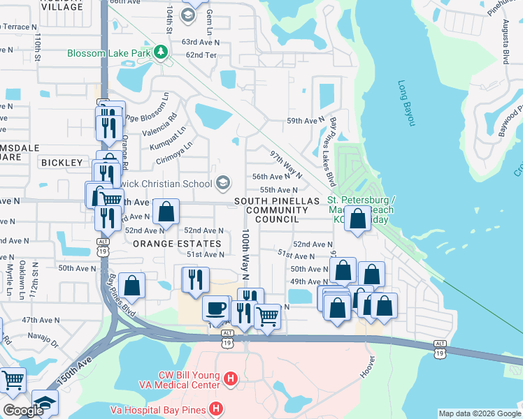 map of restaurants, bars, coffee shops, grocery stores, and more near 9991 99th Way North in St. Petersburg