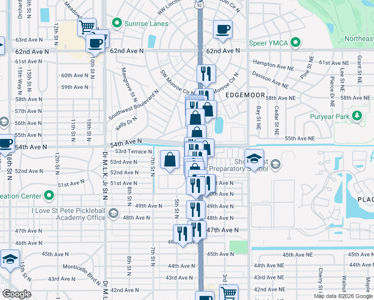 map of restaurants, bars, coffee shops, grocery stores, and more near 5300 53rd Avenue North in St. Petersburg