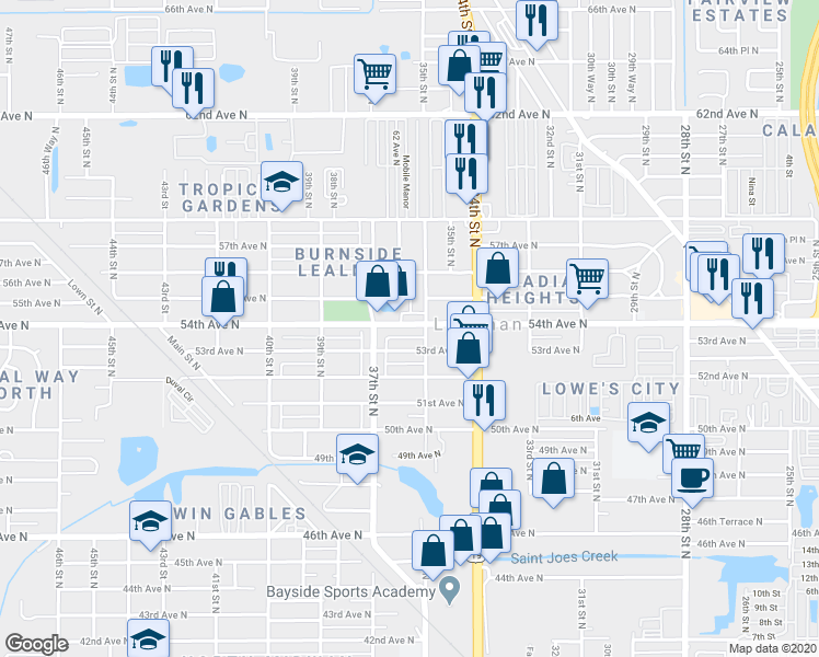 map of restaurants, bars, coffee shops, grocery stores, and more near 3596 54th Avenue North in Saint Petersburg
