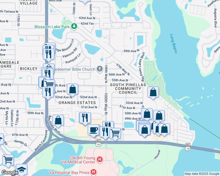 map of restaurants, bars, coffee shops, grocery stores, and more near 9990 54th Avenue North in Saint Petersburg
