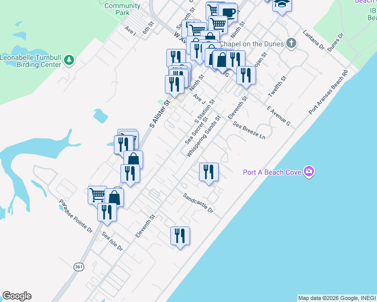 map of restaurants, bars, coffee shops, grocery stores, and more near 1337 Whispering Sands Street in Port Aransas