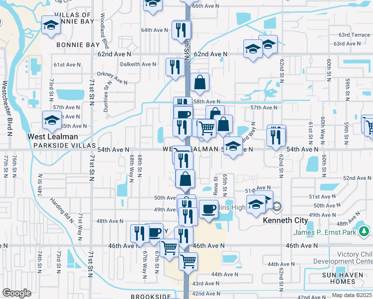 map of restaurants, bars, coffee shops, grocery stores, and more near 66th St N & 54th Ave N in St Petersburg