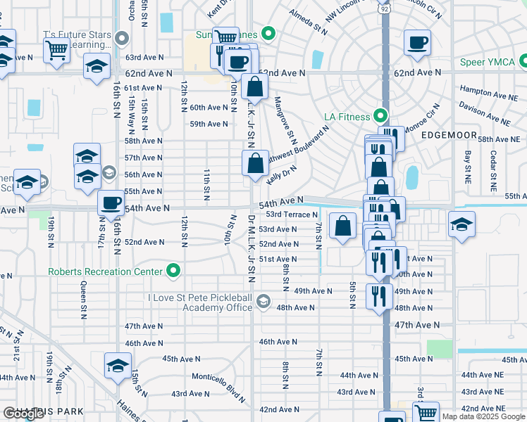 map of restaurants, bars, coffee shops, grocery stores, and more near 834 53rd Terrace North in St. Petersburg