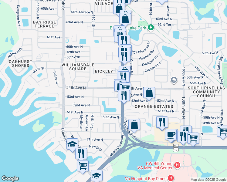 map of restaurants, bars, coffee shops, grocery stores, and more near 7 Ben Hur Court in St. Petersburg