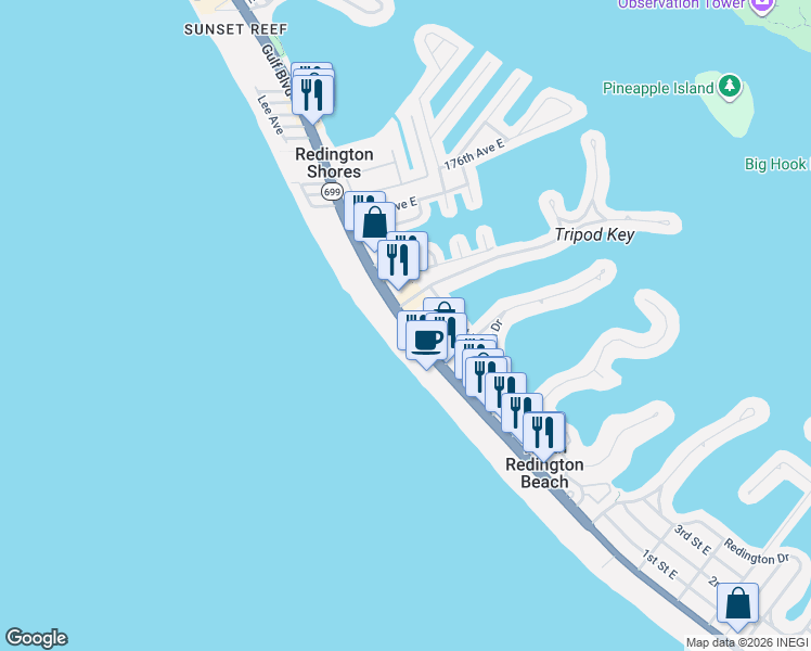 map of restaurants, bars, coffee shops, grocery stores, and more near in North Redington Beach