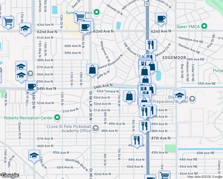 map of restaurants, bars, coffee shops, grocery stores, and more near 737 53rd Terrace North in St. Petersburg