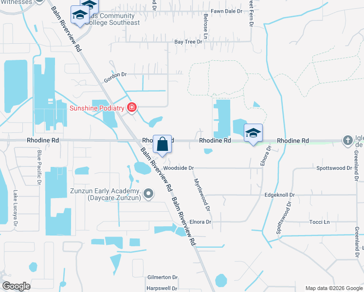 map of restaurants, bars, coffee shops, grocery stores, and more near 11906 Woodside Drive in Riverview