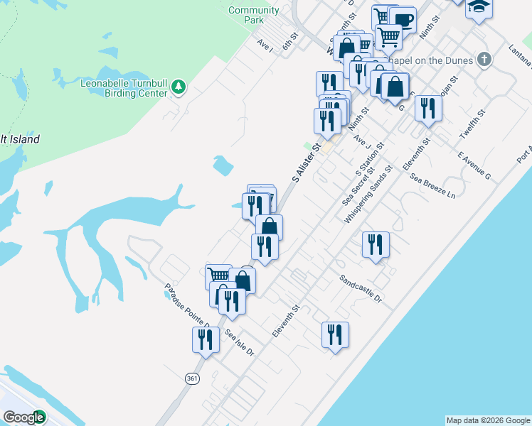 map of restaurants, bars, coffee shops, grocery stores, and more near 1700 Texas 361 in Port Aransas