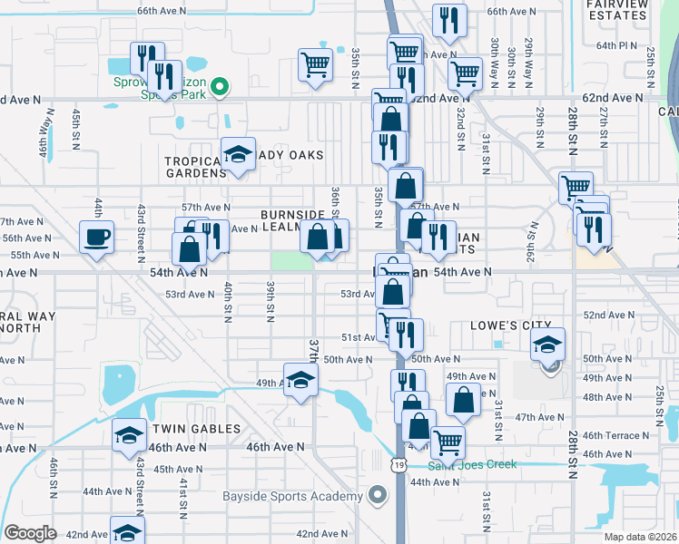 map of restaurants, bars, coffee shops, grocery stores, and more near 3675 53rd Avenue North in St. Petersburg
