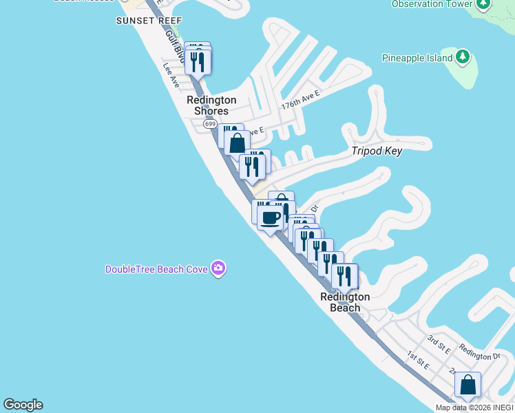 map of restaurants, bars, coffee shops, grocery stores, and more near 17117 Gulf Boulevard in North Redington Beach