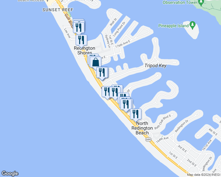 map of restaurants, bars, coffee shops, grocery stores, and more near 17117 Gulf Boulevard in North Redington Beach