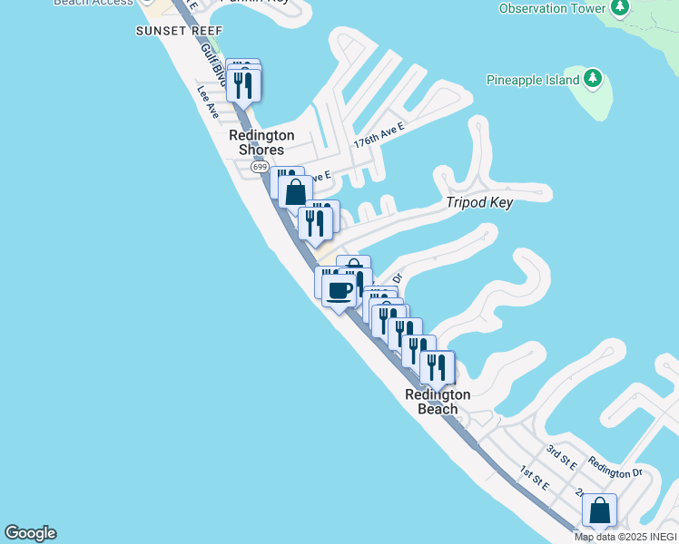 map of restaurants, bars, coffee shops, grocery stores, and more near 17105 Gulf Boulevard in St. Petersburg
