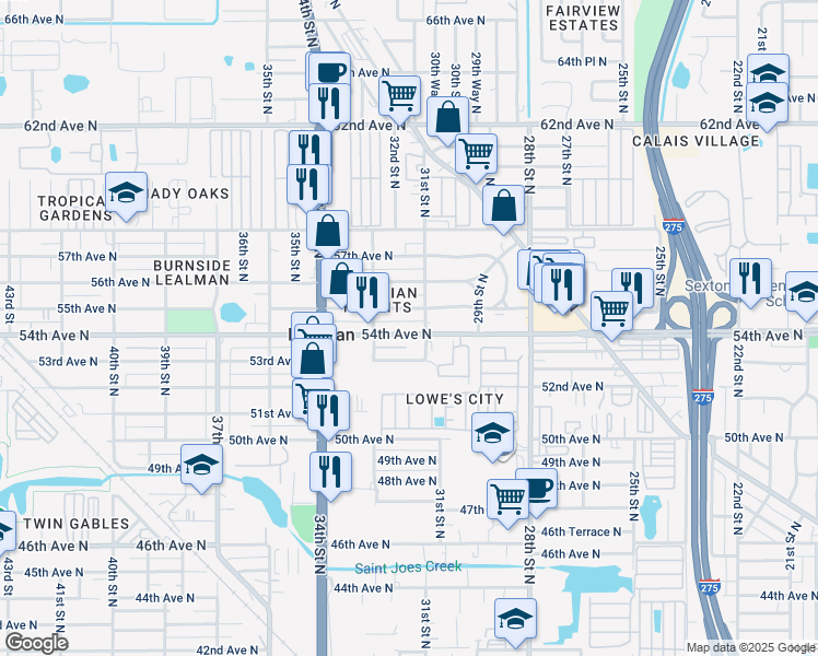 map of restaurants, bars, coffee shops, grocery stores, and more near 3101 55th Avenue North in St. Petersburg