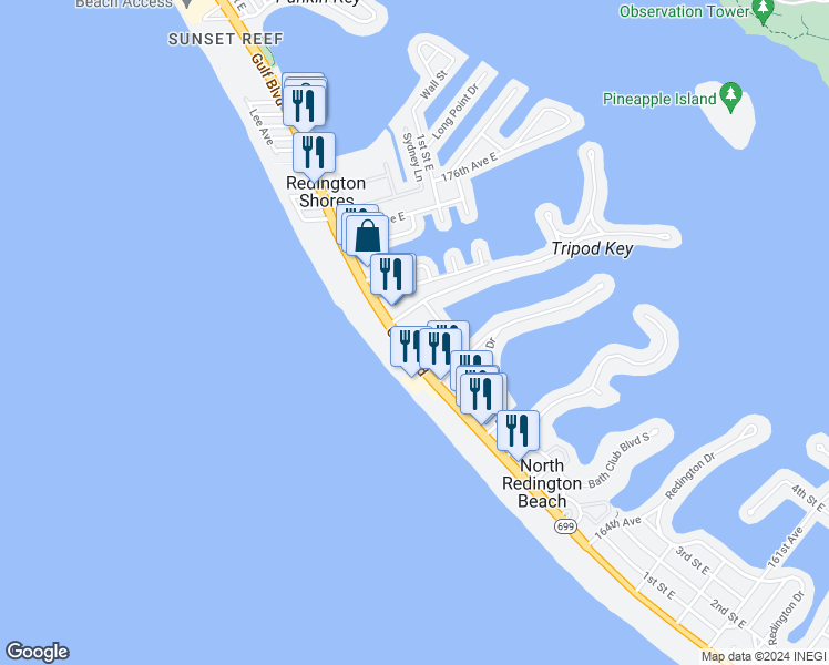 map of restaurants, bars, coffee shops, grocery stores, and more near 17105 Gulf Boulevard in North Redington Beach