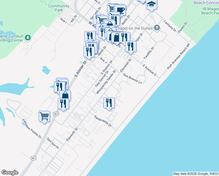 map of restaurants, bars, coffee shops, grocery stores, and more near 1128 Eleventh Street in Port Aransas