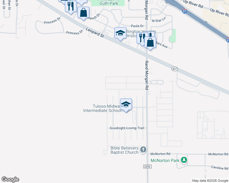 map of restaurants, bars, coffee shops, grocery stores, and more near 9525 Royal Oak Drive in Corpus Christi