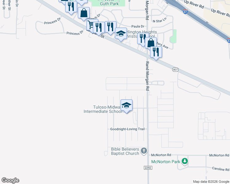 map of restaurants, bars, coffee shops, grocery stores, and more near 9525 Royal Oak Drive in Corpus Christi